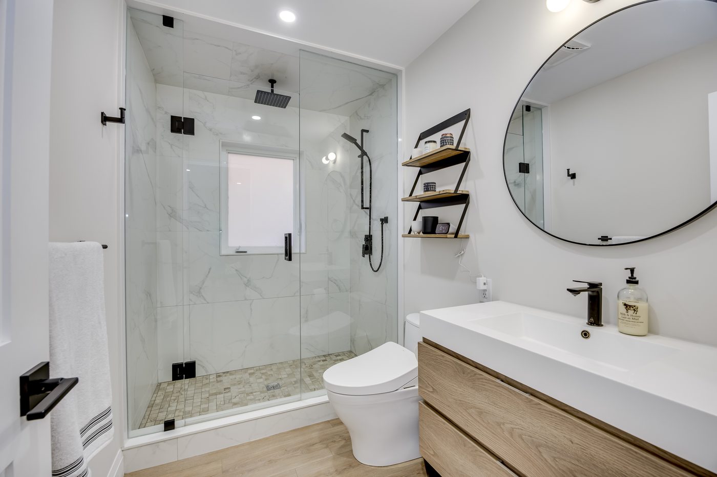 An ensuite bathroom prepared for photography