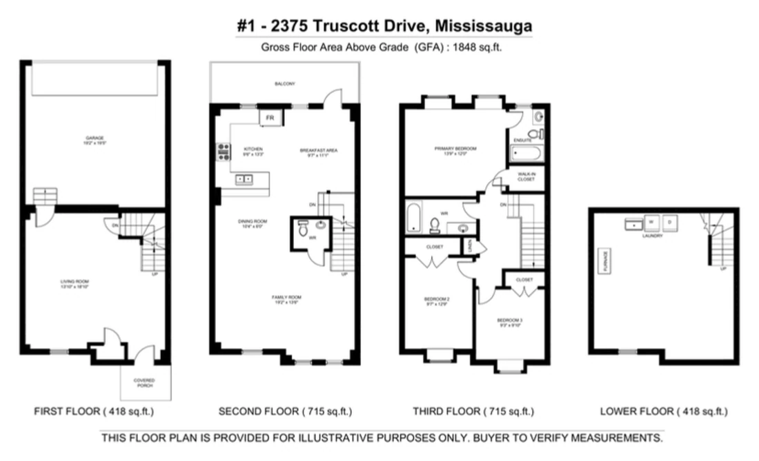 Floor plan of 2375 Truscott Drive, Unit 1, showing the first, second, third and lower floors