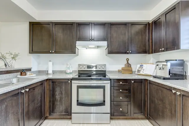 Kitchen cabinets, backsplash and stove